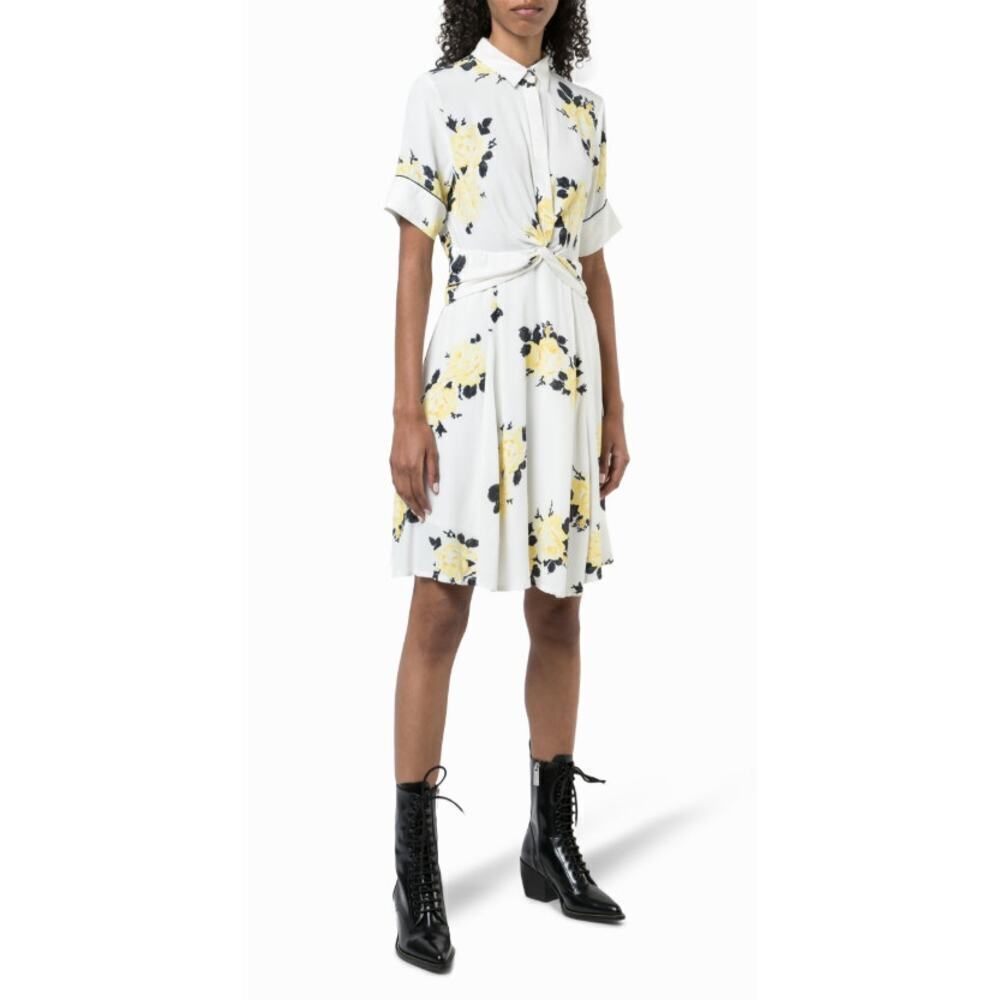 Ganni Silvery Crepe Dress Floral Twist Front Fit And Flare White Yellow Size XS